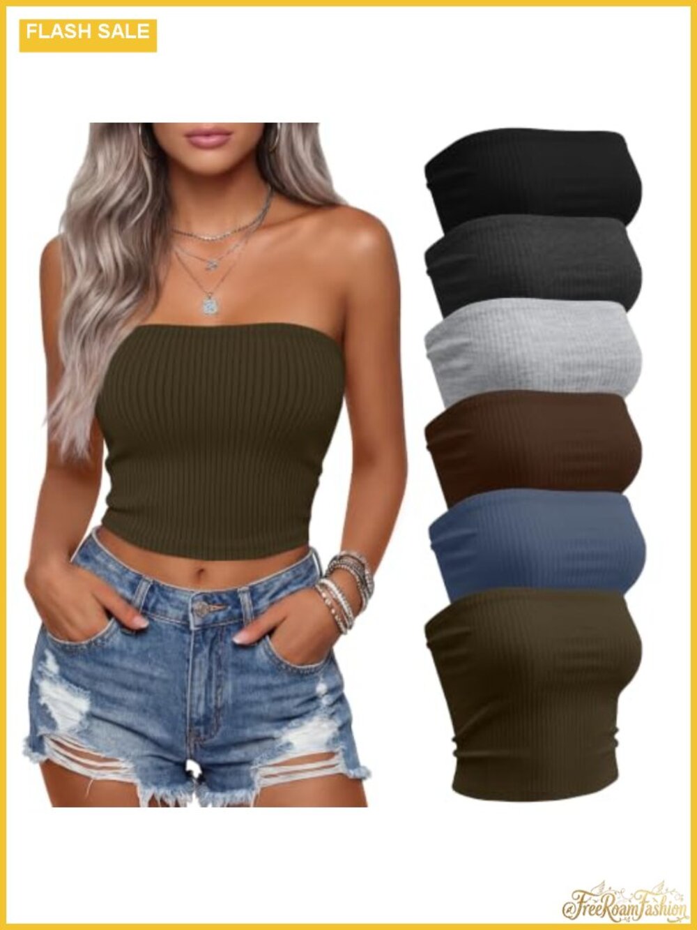 6 Pack Cotton Strapless Bandeau Tube Tops for Women, Sleeveless Ribbed Crop Tops